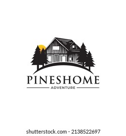 Vorlage für Pines Home Residence Vector Logo. Das Logo ist ein Kiefernbaum mit Einzug. Dies symbolisiert ein Konzept von Nachbarschaft, Schutz, Frieden, Wachstum, Natur, Umwelt und Umwelt.