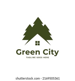 Plantilla de logotipo del vector de residencia de Pines Home. El logo es un pino con incorporados. Esto simboliza un concepto de vecindad, protección, paz, crecimiento, naturaleza, ecología y medio ambiente.