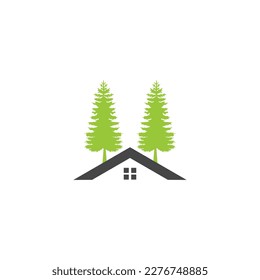 Vorlage für Pines Home Residence Vector Logo. Das Logo ist ein Kiefernbaum mit Einzug. Dies symbolisiert ein Konzept von Nachbarschaft, Schutz, Frieden, Wachstum, Natur, Umwelt und Umwelt.
