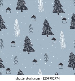 Pines and houses graphic seamless pattern. Wrapping paper design template.