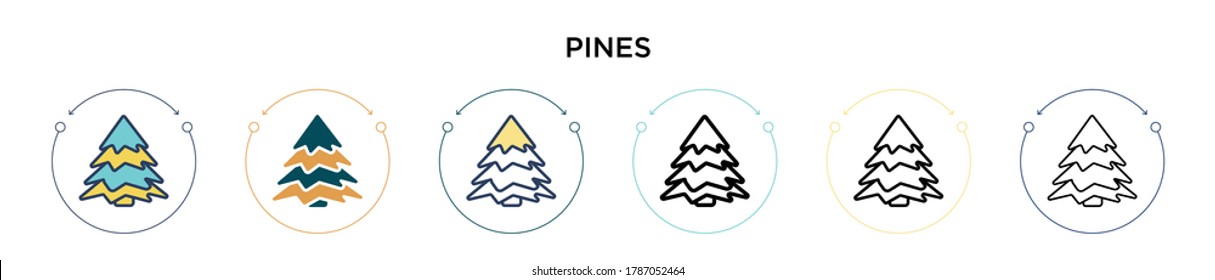 Icono de Pines en el estilo relleno, delgado, contorno y trazo. Ilustración vectorial de dos diseños de iconos vectores de pinos de color y negro se pueden utilizar para móviles, ui, web