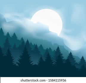 Pines mountains with mist. Calming forest landscape with blue moon light and fog, outdoor camp cliff vector graphic, misty trees and foggy hills panoramic horizon