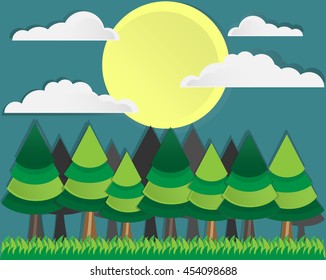 Pines in the night with full moon on a cloudy day.This is nature background and it is vector.