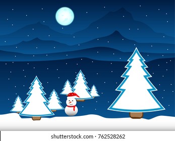 pines and snowman in snow forest on mountains background. vector illustration moon on beauty sky.