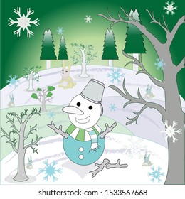 pines and snowman in snow  forest rabbit.  vector illustration snow. beauty sky 