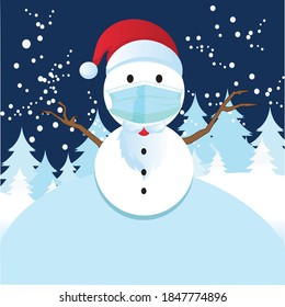pines and snowman in snow forest. vector illustration snow. beauty sky

