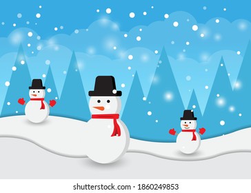 pines and snowman in snow forest. vector illustration snow. beauty sky
