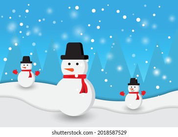 pines and snowman in snow forest. vector illustration snow. beauty sky