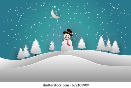 pines and snowman in snow forest. vector illustration snow. beauty sky