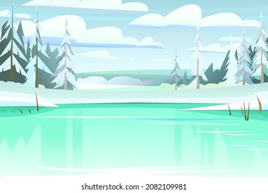 Pines and spruce trees on shore. Frozen ice covered pond. Winter rural landscape with cold white snow and drifts. Beautiful frosty view of countryside hilly plain. Flat design cartoon style. Vector