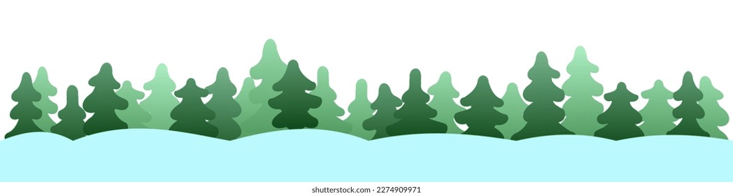 Pines and taiga. Winter landscape with snowdrifts and snow. View of white cold nature. Cartoon fun style. Flat design. Vector