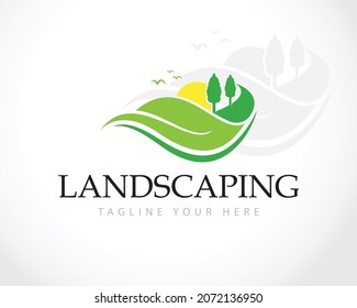 pines tree forest and road landscape logo icon vector template nature leave design concept