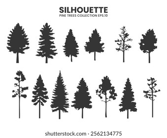 Pines tree silhouettes in various style collections. Ideal for nature, wildlife, and outdoor-themed projects