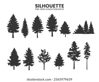Pines tree silhouettes in various style collections. Ideal for nature, wildlife, and outdoor-themed projects