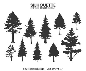 Pines tree silhouettes in various style collections. Ideal for nature, wildlife, and outdoor-themed projects