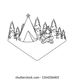 pines trees forest scene with campfire and tent