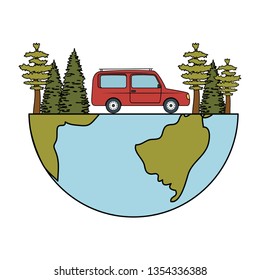 pines trees forest scene with car