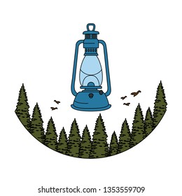 pines trees forest scene with kerosene lantern