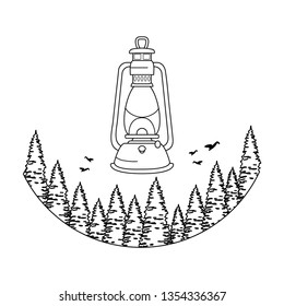 pines trees forest scene with kerosene lantern