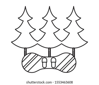 pines trees forest scene with snowboard vector illustration design