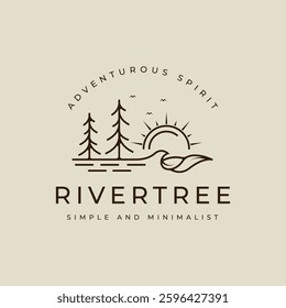 pines and water line art logo vector simple minimalist illustration template icon graphic design. simple river tree and sun sign and symbol for adventure outdoors travel concept with typography