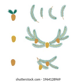 Pine-tree branch frame arrangement vector clipart set isolated on white. Minimalistic decorative winter coniferous icon collection. Christmas holidays simple fir-tree green graphic design.