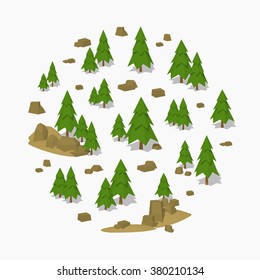 Pine-tree forest. 3D lowpoly isometric vector concept illustration