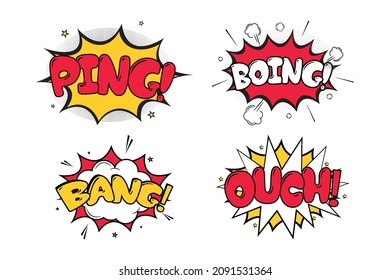 Ping Boing comic blast with white, red, and yellow colors. Ouch Bang comic explosion with yellow, white, and red colors. Comic burst with colorful clouds. Text bubbles for cartoon speeches.