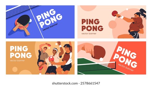 Ping pong, advertising banner designs set. Table tennis, horizontal promotion backgrounds for sports game with players, rackets and balls. PIngpong tournament promo cards. Flat vector illustration