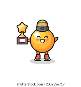ping pong ball cartoon as an ice skating player hold winner trophy , cute style design for t shirt, sticker, logo element