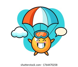 Ping pong ball cartoon is skydiving with happy gesture