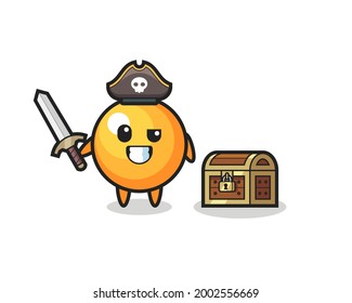 the ping pong ball pirate character holding sword beside a treasure box , cute style design for t shirt, sticker, logo element