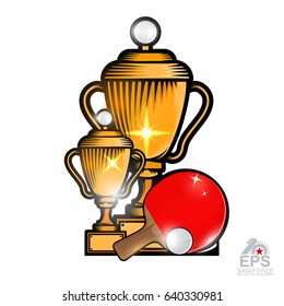 Ping pong ball and racket and gold cup on white. Sport logo for any team or championship