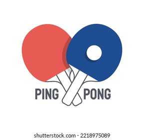 Ping pong ball and rackets with handles crossed. Blue and red logotype for sports club, championship, tournament flat thin line vector illustration