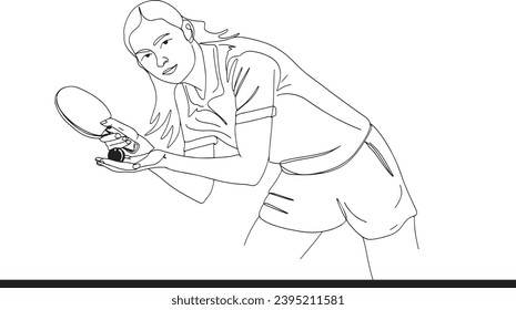 Ping Pong Ball Strike: Girl in Healthy Lifestyle Pose, Playing Table Tennis Thin Line Cartoon: Sports Activity, Hit the Ball: Girl Playing Table Tennis Clip Art