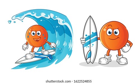 ping pong ball surfing on the waves cartoon and holding a surfboard. cartoon mascot vector