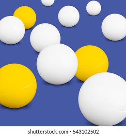 Ping Pong Balls. White And Yellow 3d Green Ball With Shadow On Blue Background. Thing Of The Popular Game Table Tennis.  Vector Illustration