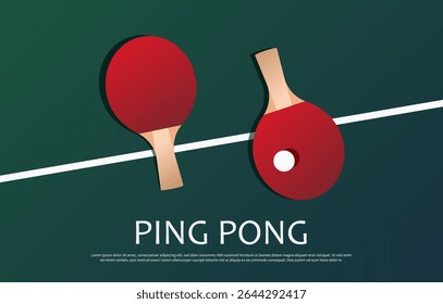 Ping pong banner template with red rackets and ball lying on tennis table. Vector illustration of table tennis paddles from top view