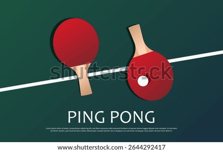 Ping pong banner template with red rackets and ball lying on tennis table. Vector illustration of table tennis paddles from top view