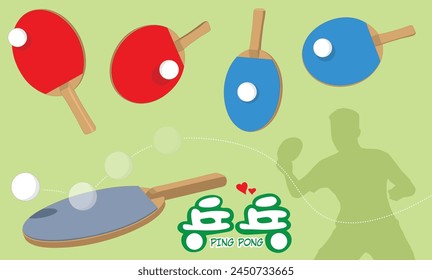 Ping Pong bat isolated on green background. It is a small paddle used in the game of table tennis, typically made of wood and rubber, used to hit the ball back and forth. Translation: Ping Pong.