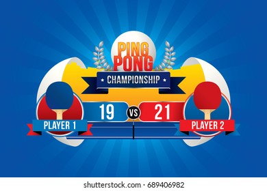 Ping pong championship badge design with two players and scoreboard.