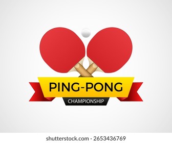 Ping pong emblema campeonato com cruzado vermelho paddles, bola branca, e bandeira de fita colorida no fundo branco limpo.