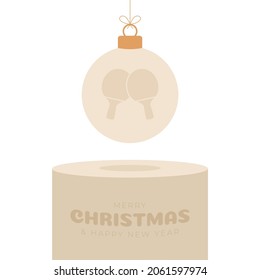 Ping pong Christmas bauble pedestal. Merry Christmas sport greeting card. Hang on a thread table tennis ball as a xmas ball on golden podium on black background. Sport Vector illustration.