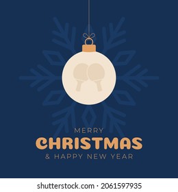 Ping pong christmas greeting card. Merry Christmas and Happy New Year flat cartoon Sports banner. table tennis ball as a xmas ball on background. Vector illustration.