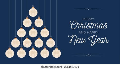 Ping pong Christmas and new year greeting card bauble tree. Creative Xmas tree made by table tennis ball on dark background for Christmas and New Year celebration. Sport greeting card