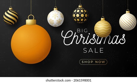 ping pong Christmas sale banner. Merry Christmas sport greeting card. Hang on a thread table Tennis ball as a xmas ball and golden bauble on black horizontal background. Sport Vector illustration.