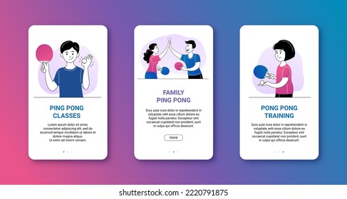 Ping pong class mobile app, landing page templates set. Table tennis school, tournament, competition, championship website cartoon thin line cartoon vector illustration