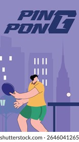 Ping pong competição no campo de esportes, recreação ativa no parque, fundo da cidade à noite. Cartaz do campeonato de tênis de mesa, treinamento em clube de esportes, esporte de raquete, fitness