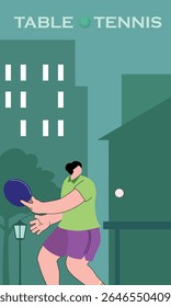 Ping pong competition on sports ground, active recreation in park, evening city background. Table tennis championship poster, training in sports club, racket sport, fitness