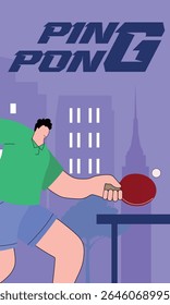 Competições de ping pong em campo aberto no parque, recreação ativa, hobby. Competições de tênis de mesa, cidade noturna de fundo, casas. Cartaz de tênis de mesa clube, saúde, fitness, campeão